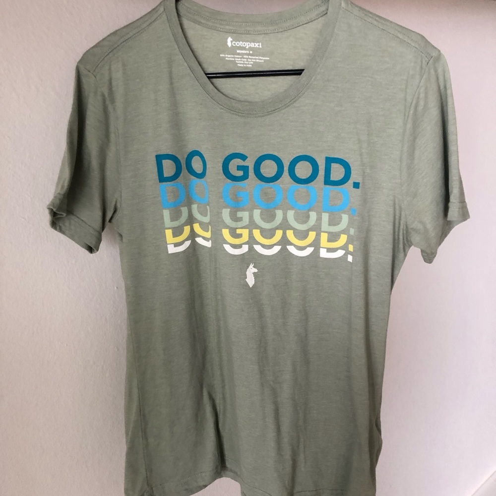 Cotopaxi Green Tee with Blue and Yellow Print